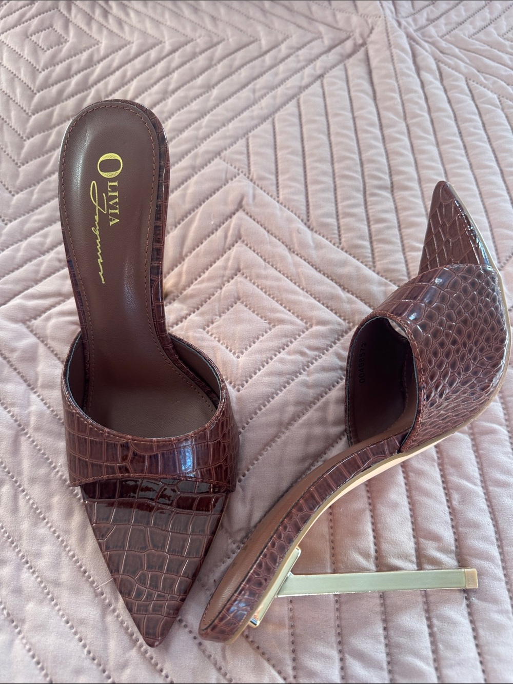 Brown Croc-Embossed Pointed Toe Mule Heels